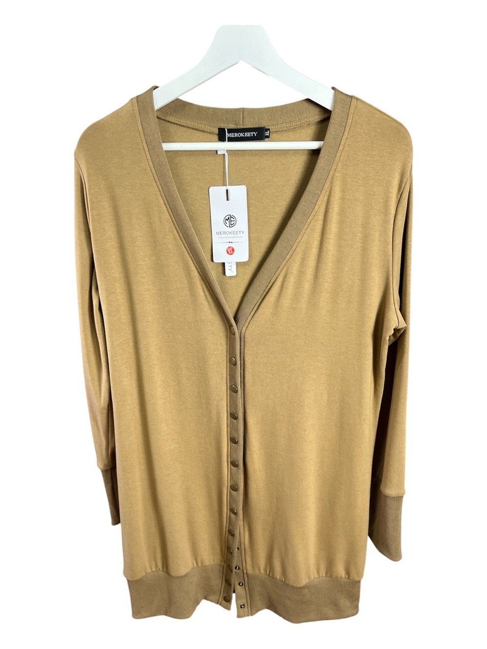 Merokeety Camel Beige Ribbed Trim Button Front Cardigan Sweater - Size XL NWT